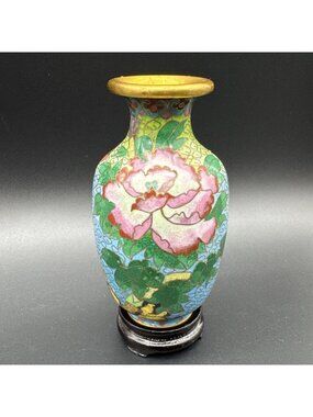 Vintage Cloisonné Vase Small Bud Blue Enamel Pink Peony 4.25” Asian With Stand